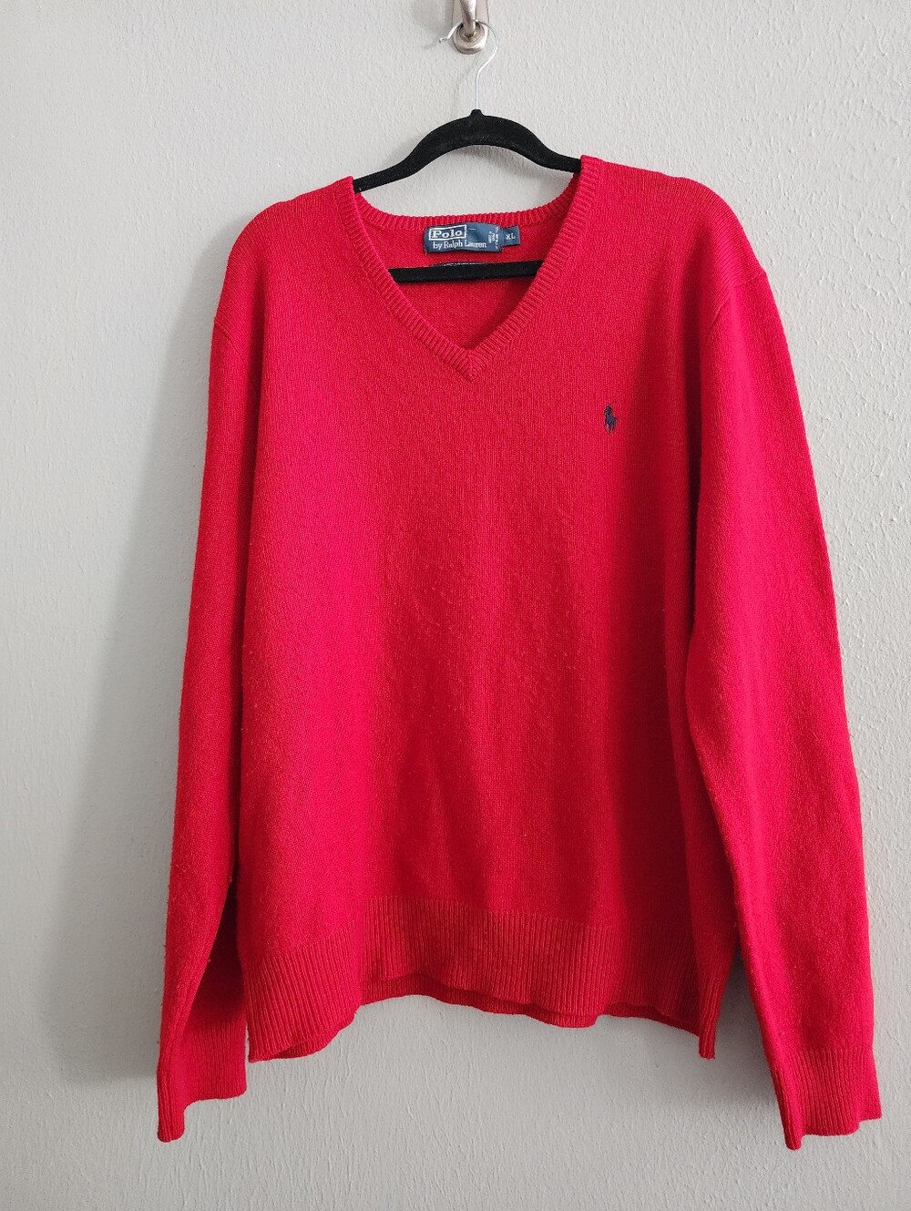 Polo by Ralph Lauren Bright 100% LAMB WOOL Red V-Neck Men's Sweater